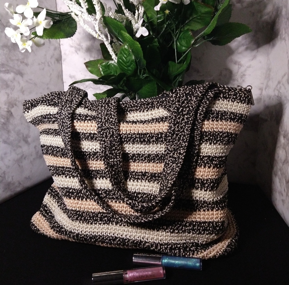 The Sak Crochet Stripped Cream Casual & Black Double Handle Women's Shoulder Bag